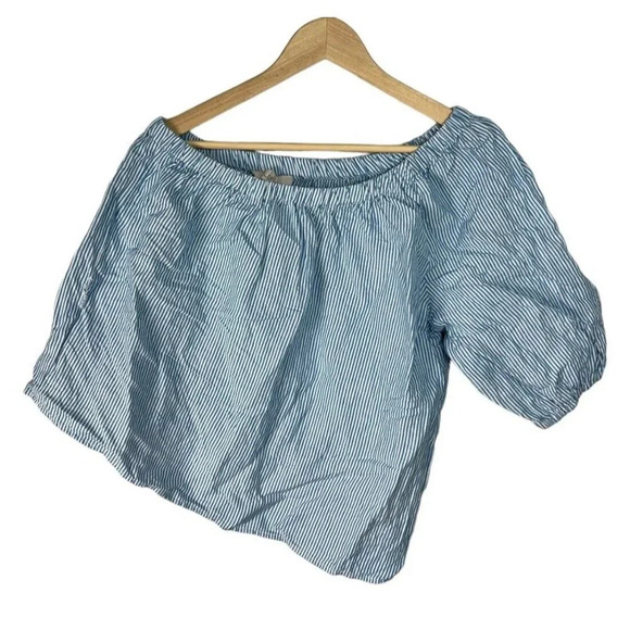 Loft Striped Linen Blend One Shoulder Blouse Size Medium Blue & White Women’s - Picture 4 of 10